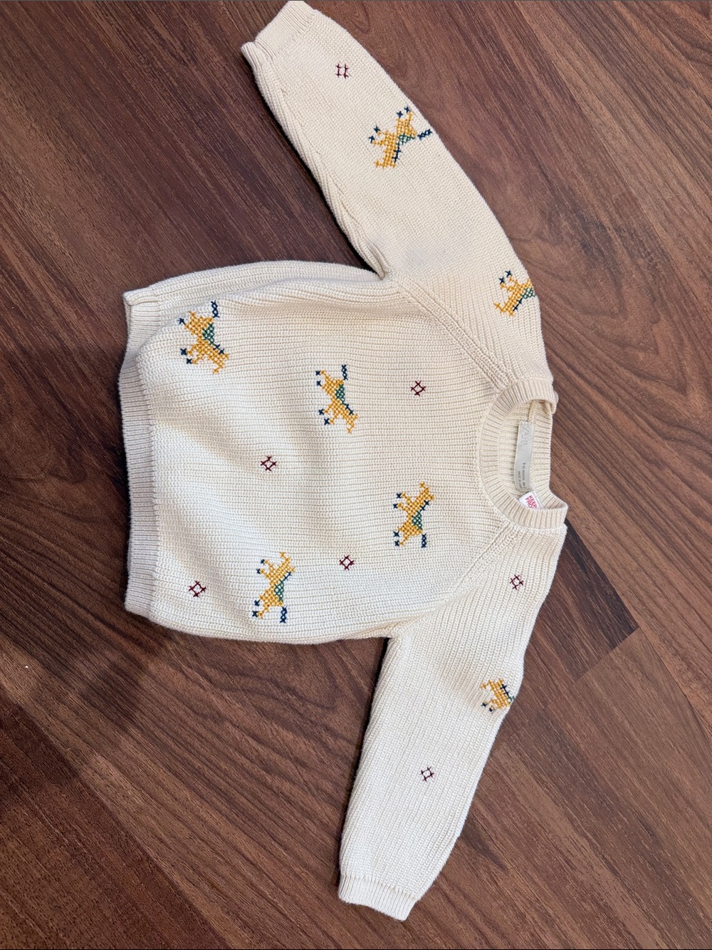 Zara Cream Knit Sweater with Yellow & Navy Embroidered Horse